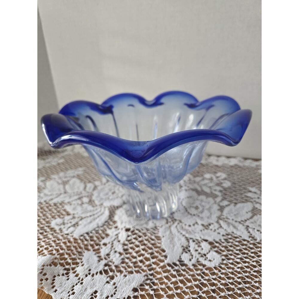 Shannon Crystal Designs of Ireland 10" Cobalt Blue to Clear Swirled Ruffled Bowl